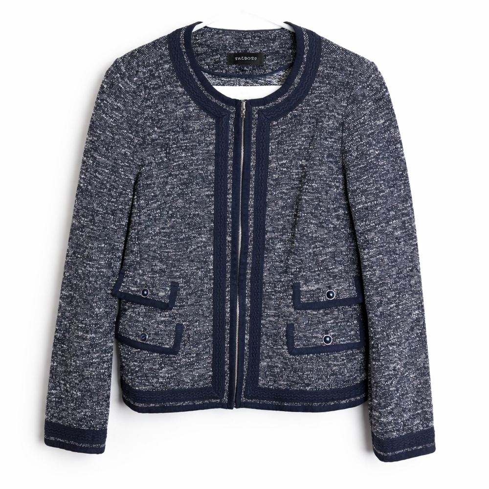 Talbots Navy Tweed Jacket Size 8 Zip Front Knit Blazer Cotton Blend